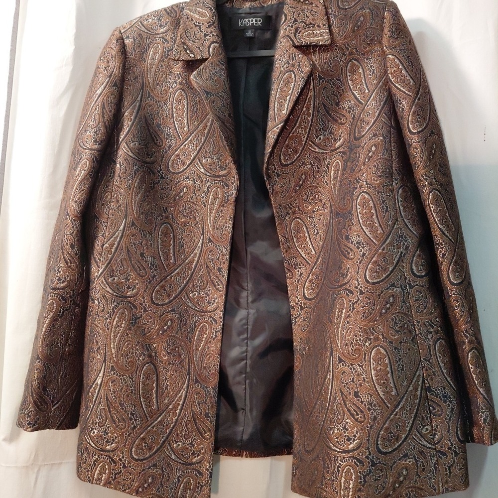 Vintage Metallic Statement Jacket 12‎ Damask Open Front Paisley Gold  Metallic
